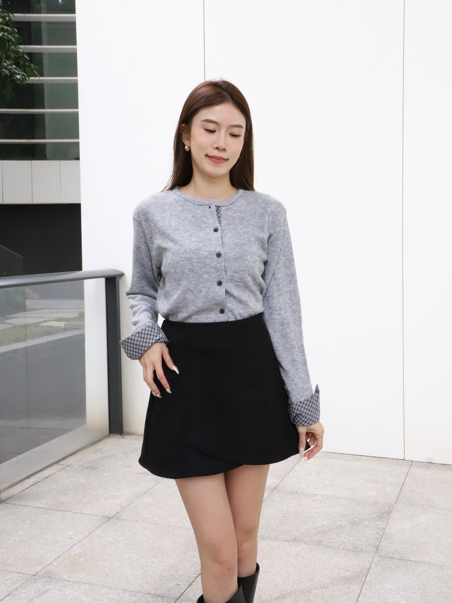 Checked Sleeves Wool Top