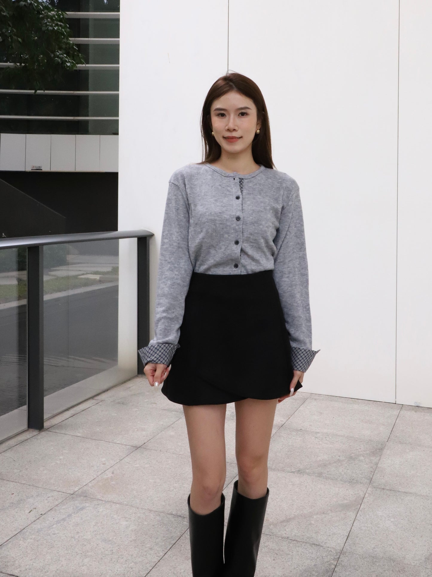 Checked Sleeves Wool Top