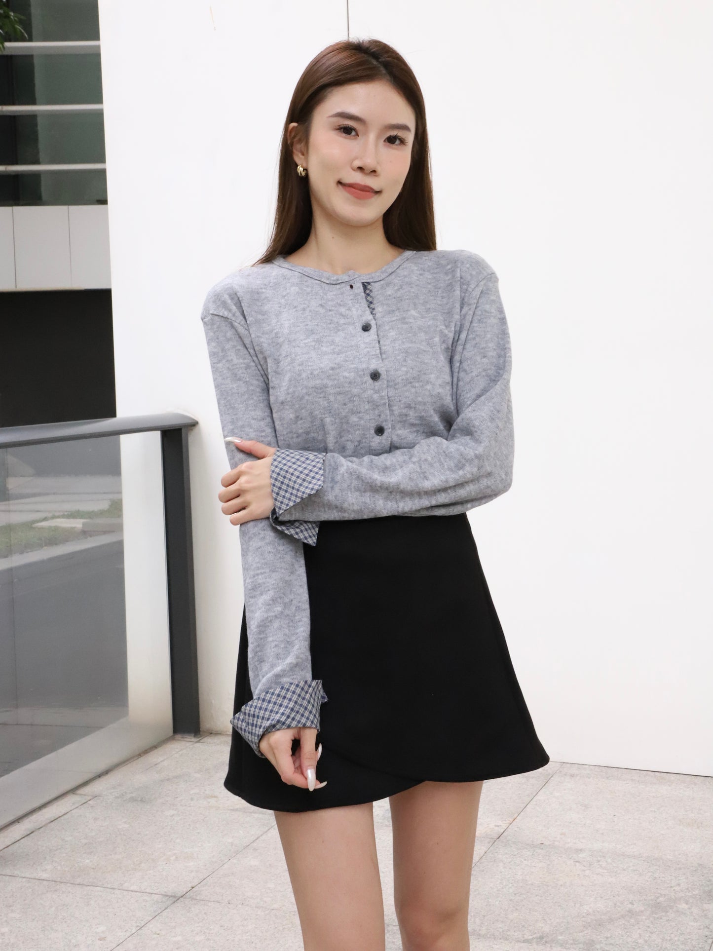 Checked Sleeves Wool Top
