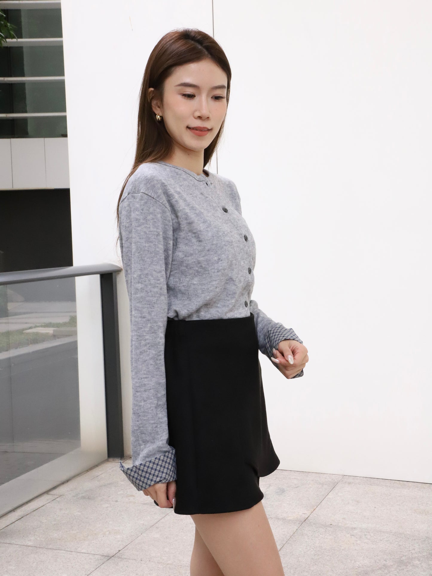 Checked Sleeves Wool Top