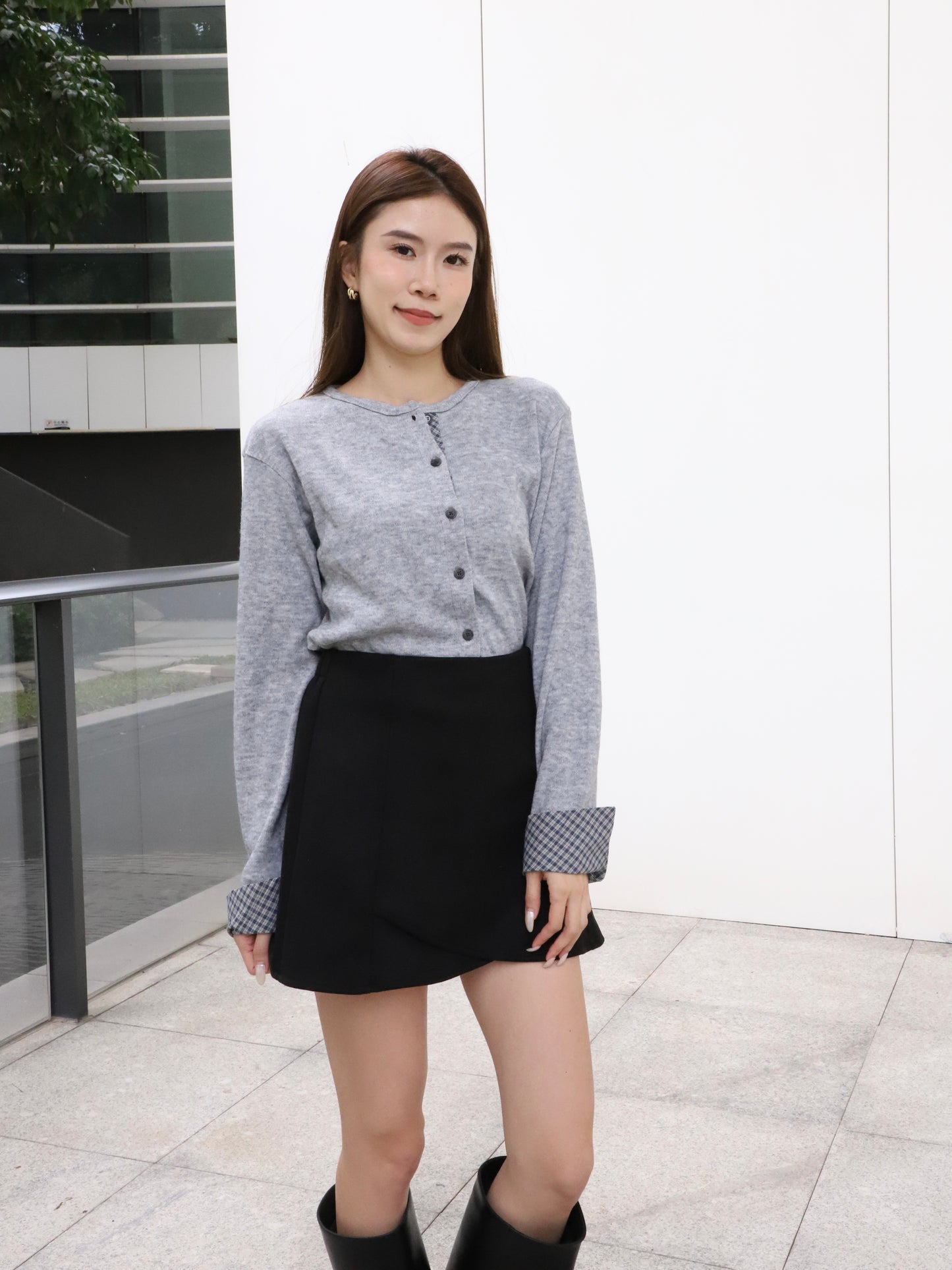 Checked Sleeves Wool Top