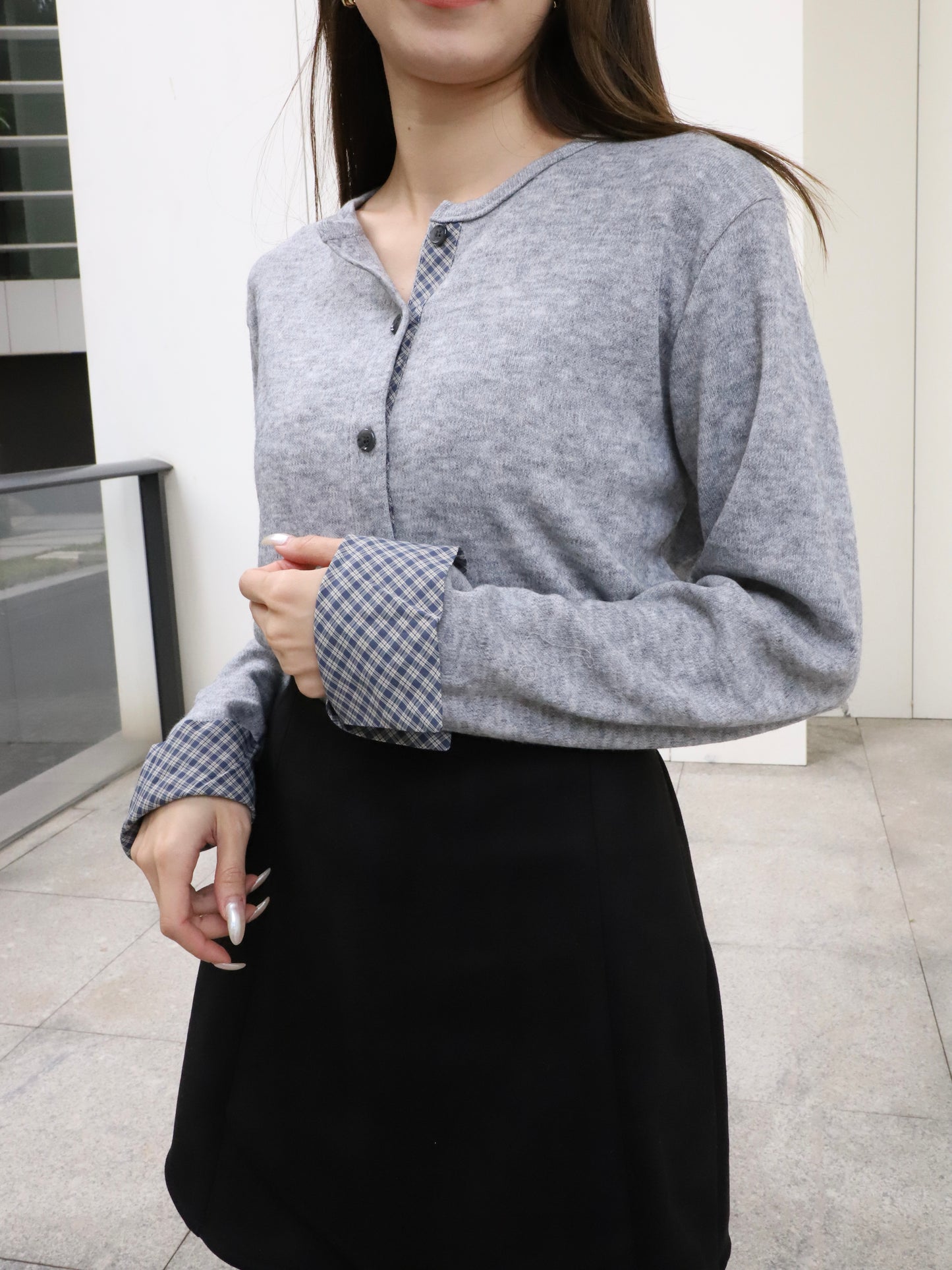 Checked Sleeves Wool Top