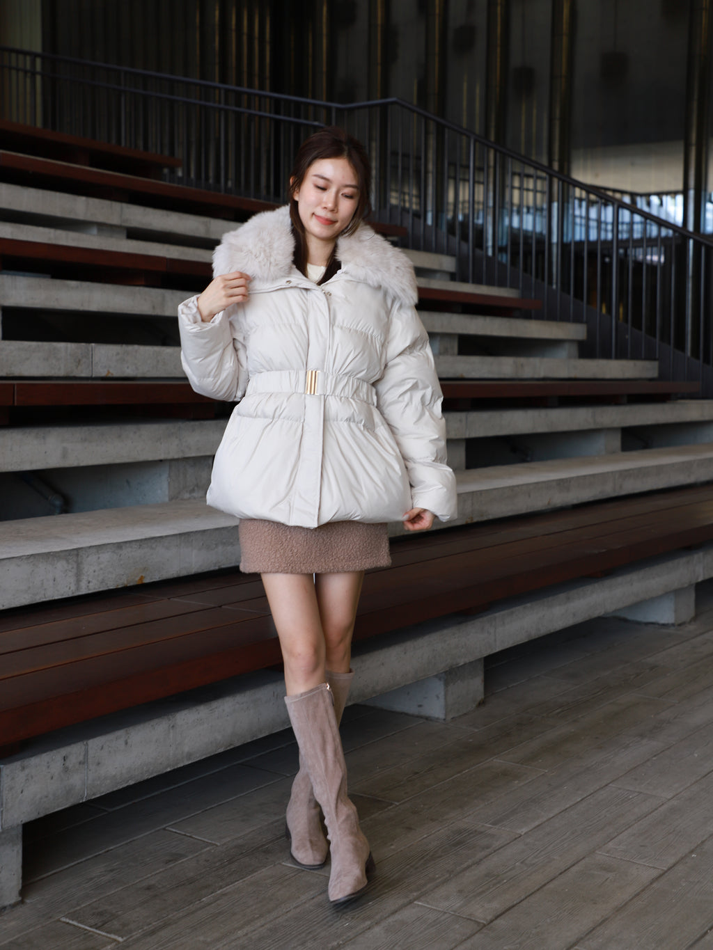 Long Down Jacket with Belt