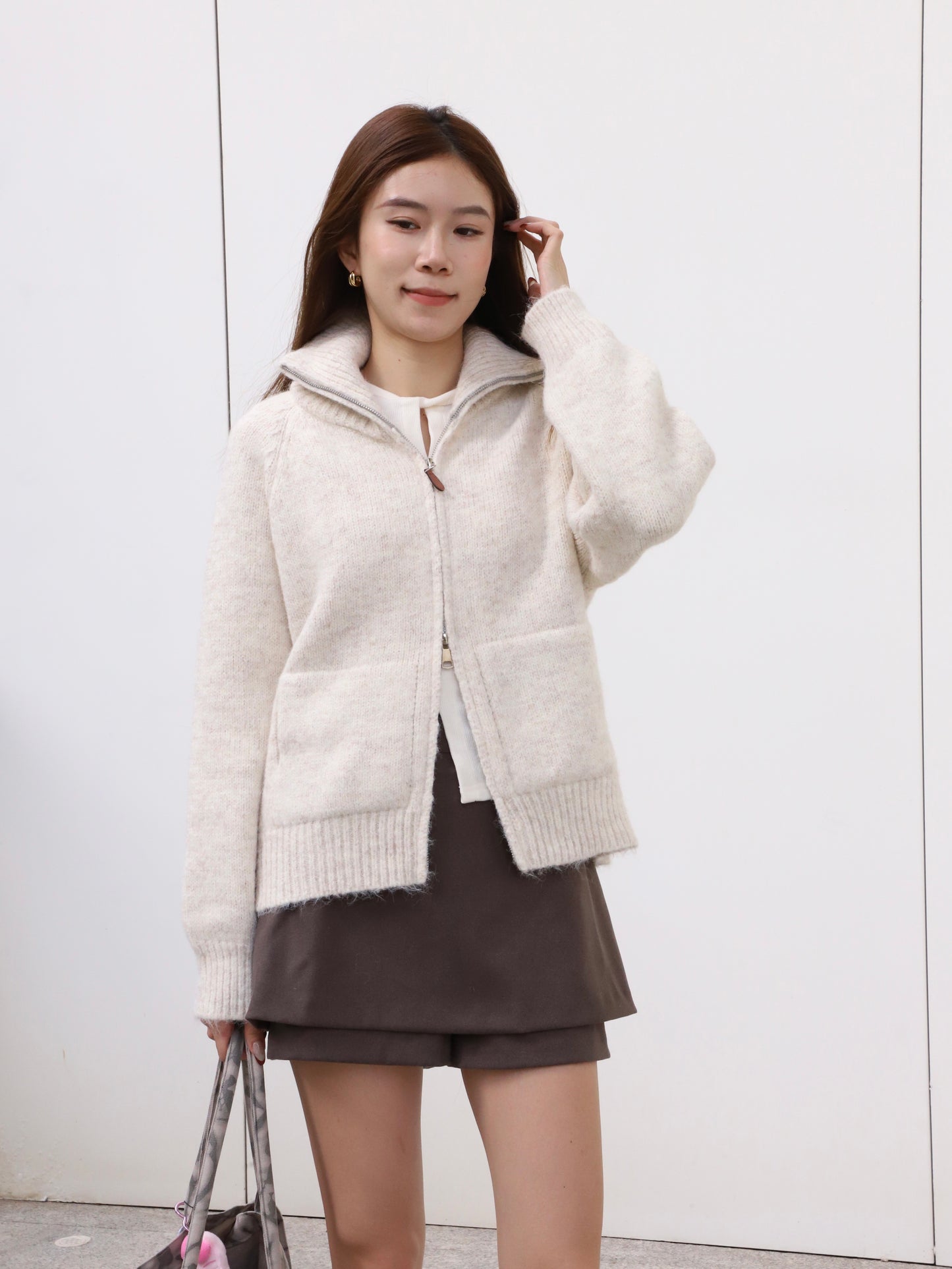 Leather Zipped Up Cardigan