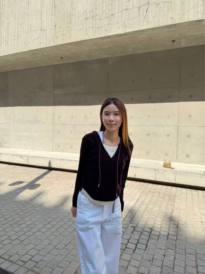 Mix Collar Tied Knitted Hoodie