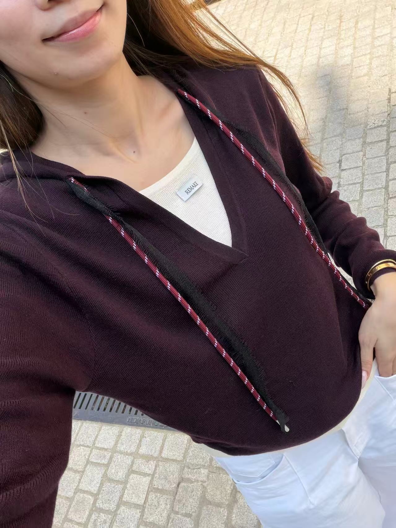 Mix Collar Tied Knitted Hoodie