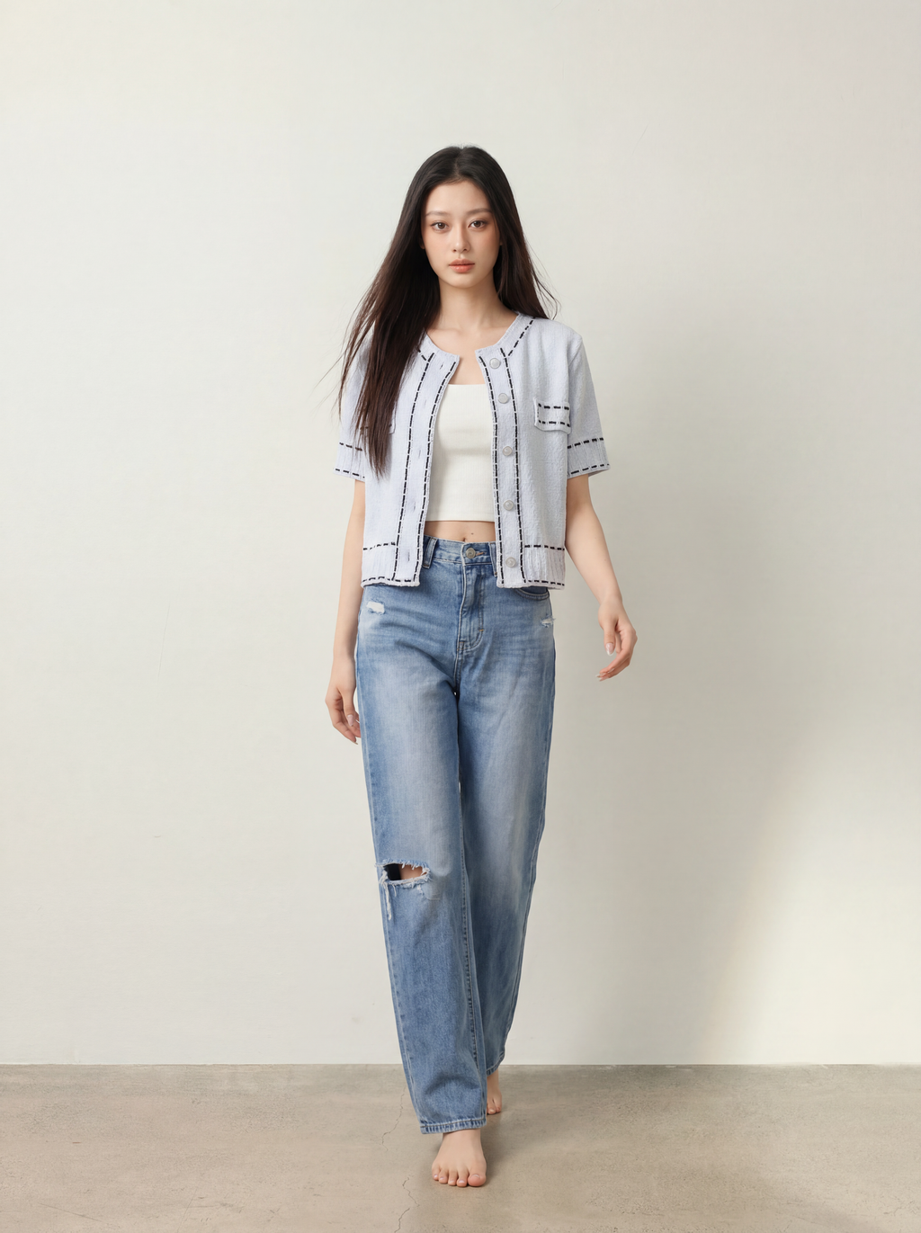 Knitted Outlined Short Sleeves Cardigan