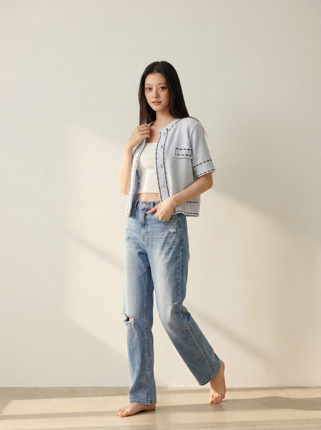 Knitted Outlined Short Sleeves Cardigan