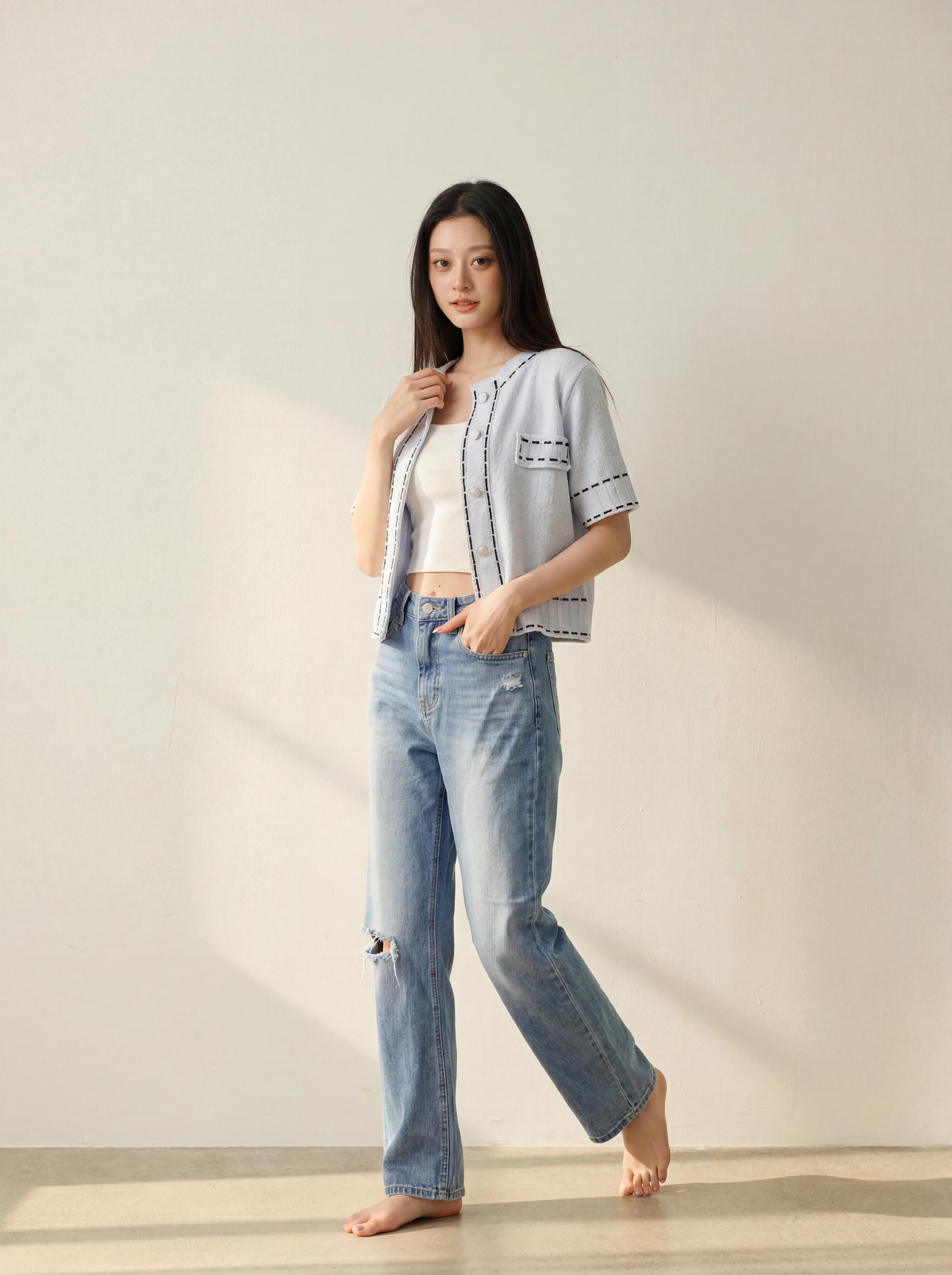 Knitted Outlined Short Sleeves Cardigan