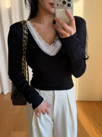 V Neck Lace Long Sleeves Top