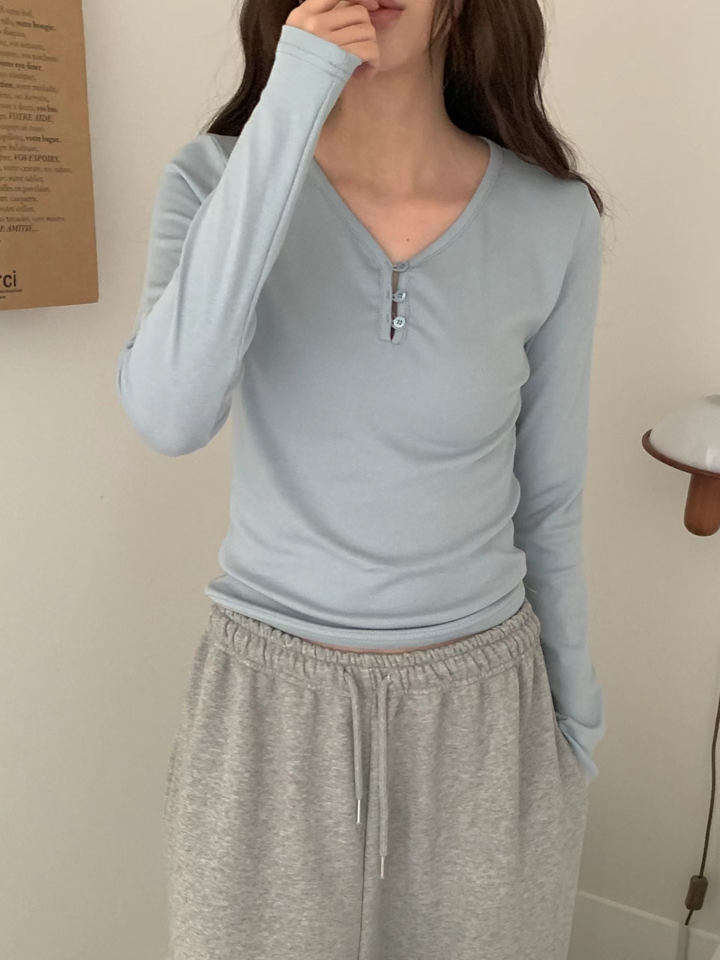 3 Button Cotton Long Sleeves Top