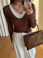 V Neck Lace Long Sleeves Top