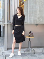 [Own Design] V Neck Skirt Set