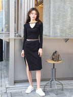 [Own Design] V Neck Skirt Set