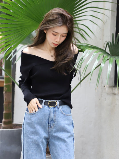 Knitted Off Shoulder Layer Long Sleeves Top