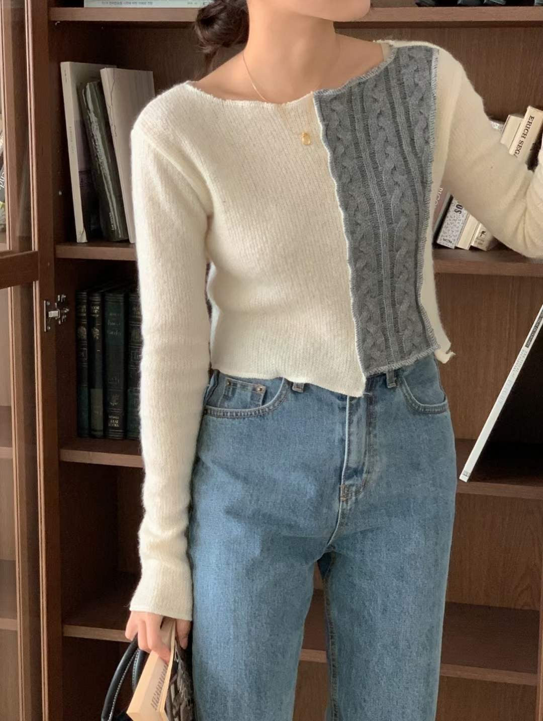 Knitted Half Design Long Sleeves Top