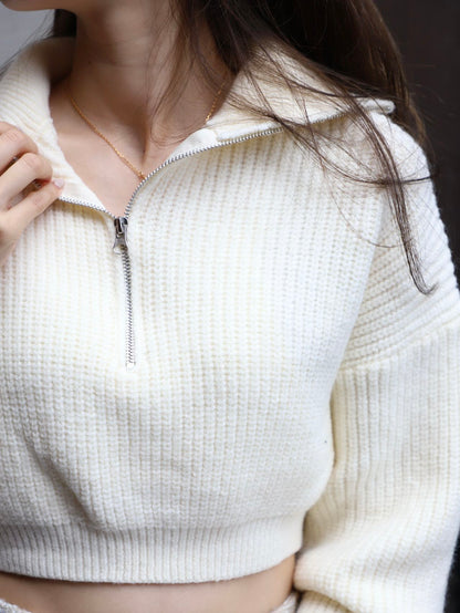 Zip Up Collar Neck Long Sleeves Sweater