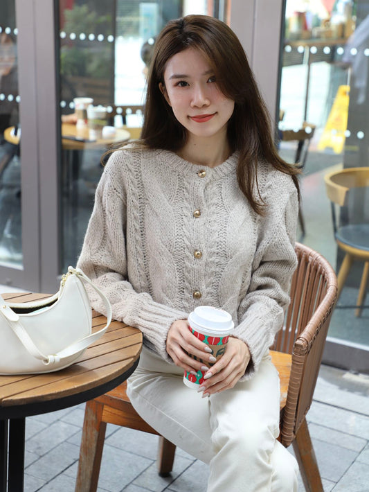 Gold Button Cable-Knit Cardigan