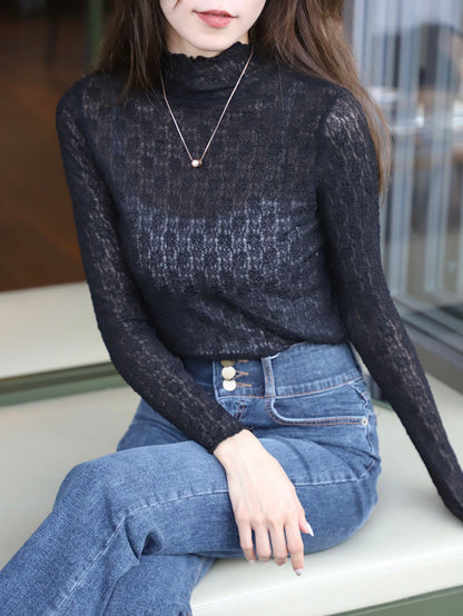 Turtle Neck Lace Long Sleeves Top