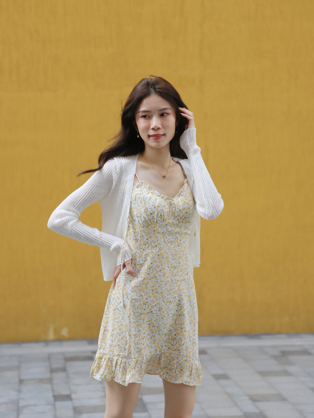 Yellow Tie Shoulder Floral Mini Dress