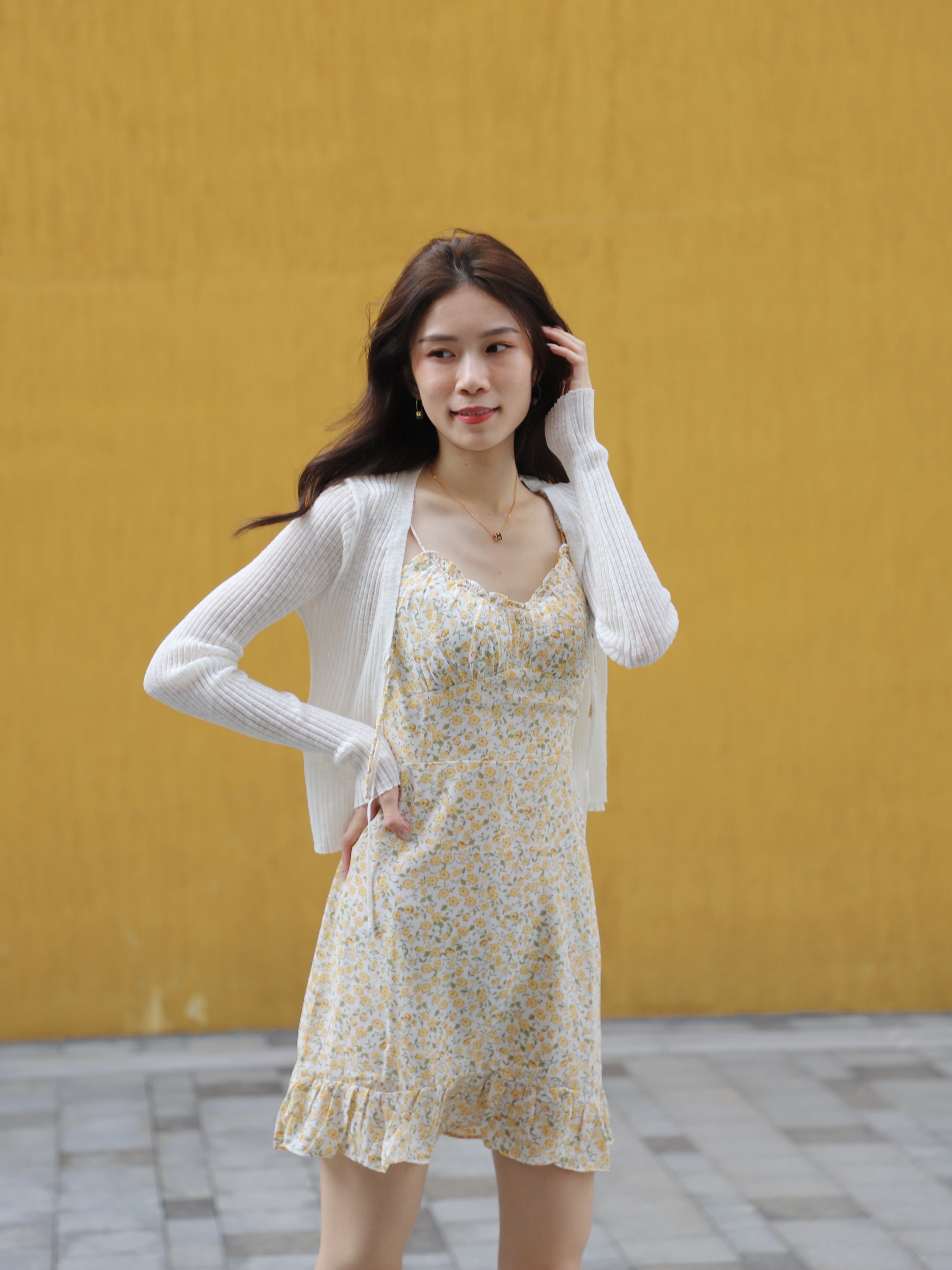 Yellow Tie Shoulder Floral Mini Dress