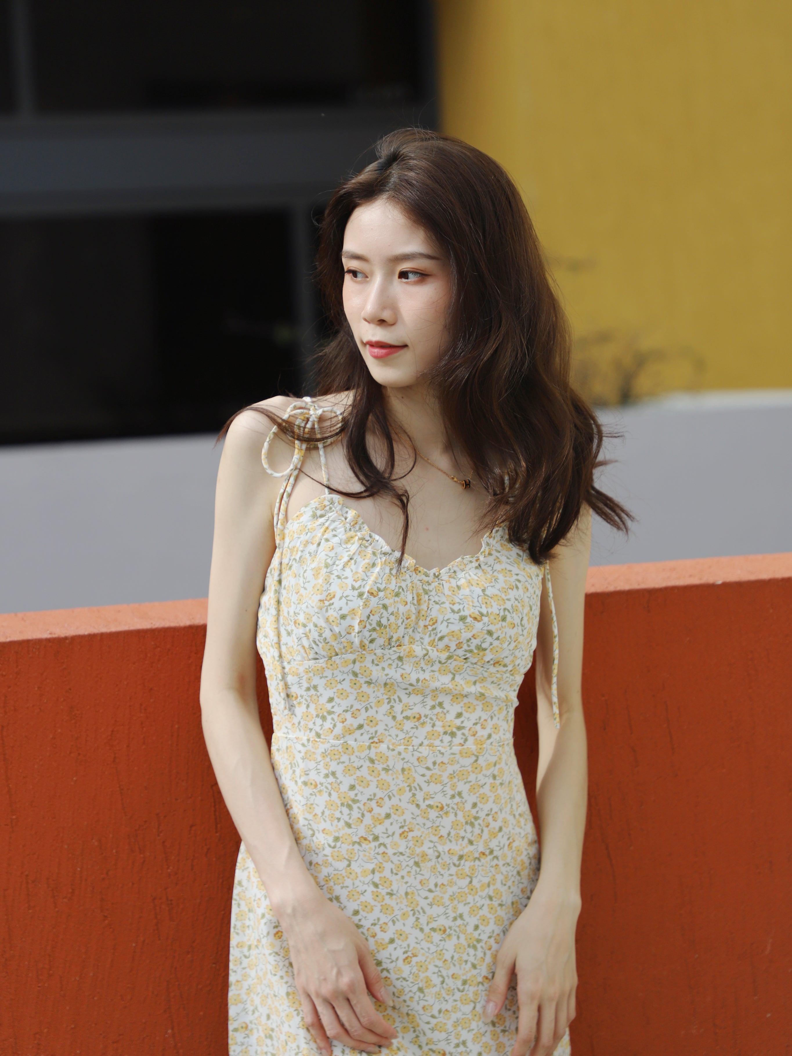Yellow Tie Shoulder Floral Mini Dress