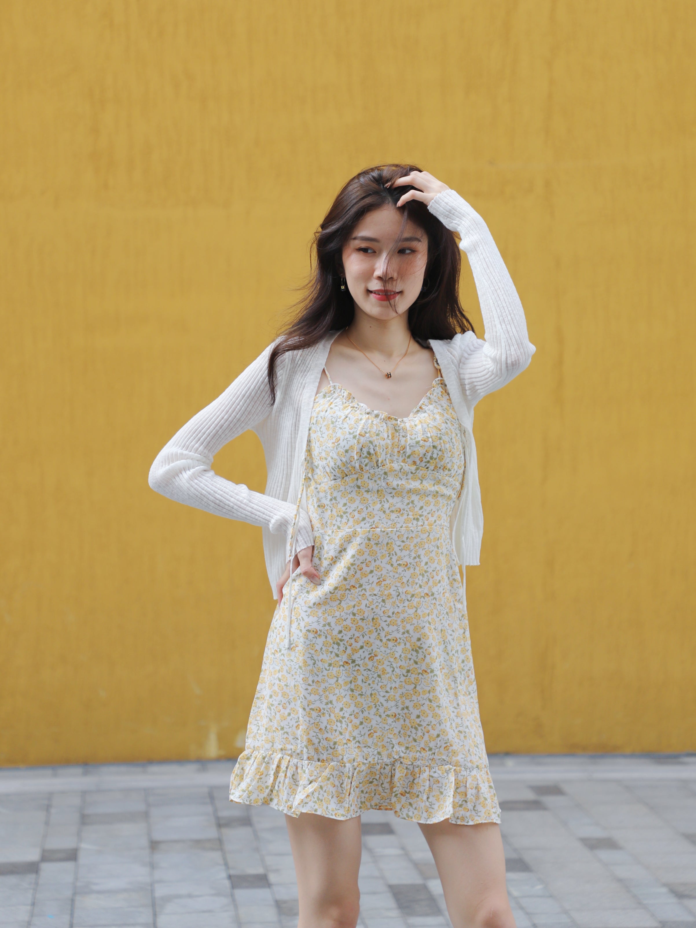 Yellow Tie Shoulder Floral Mini Dress
