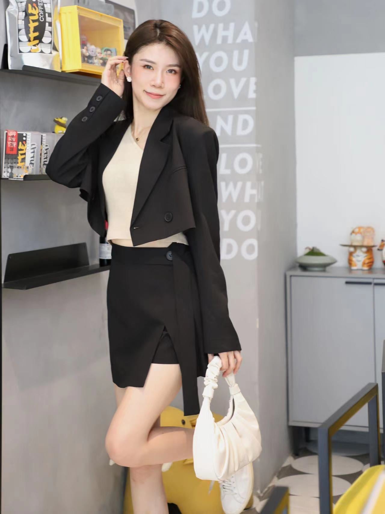 Cropped Button Down Blazer & Skirt Set