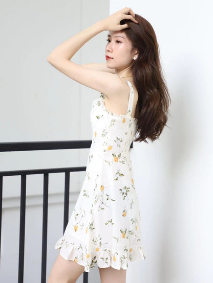 White Lemon Tie Shoulder Floral Mini Dress