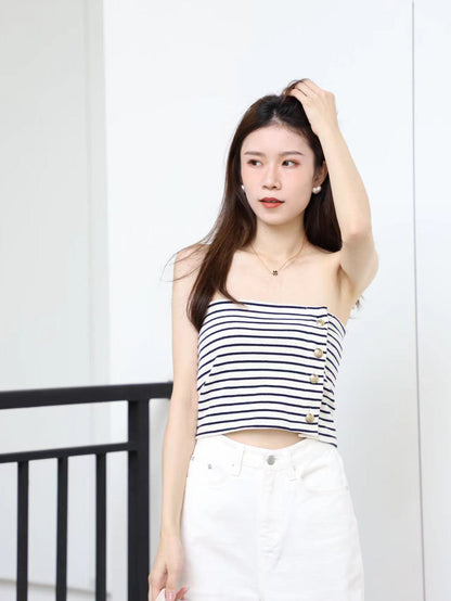Striped Strapless Crop Top with Gold Button
