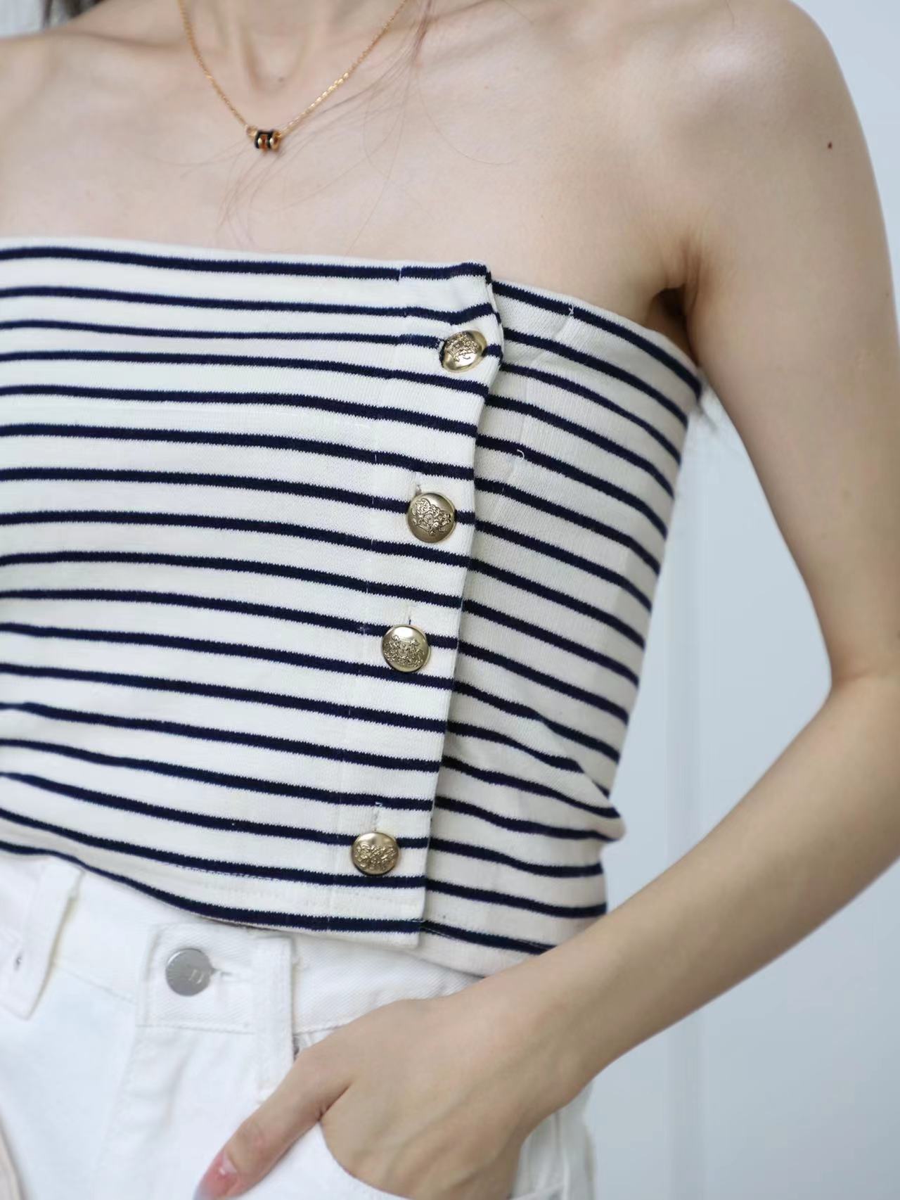 Striped Strapless Crop Top with Gold Button