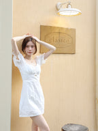 French Style Puff Sleeves Mini Dress