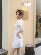 French Style Puff Sleeves Mini Dress
