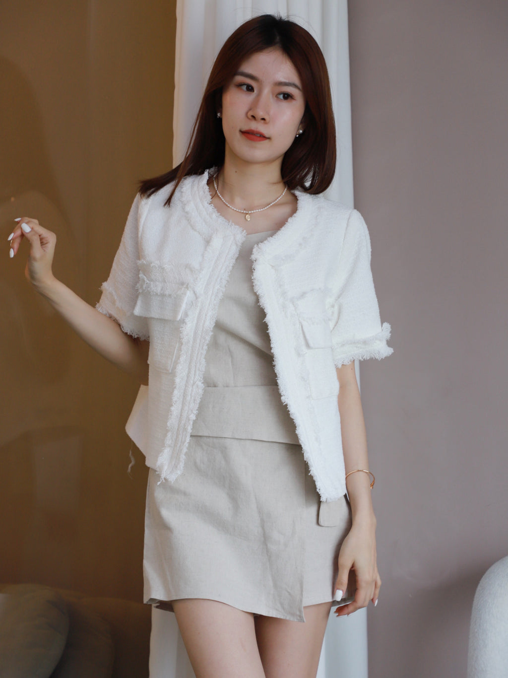Pure White Tweed Short Sleeves Jacket