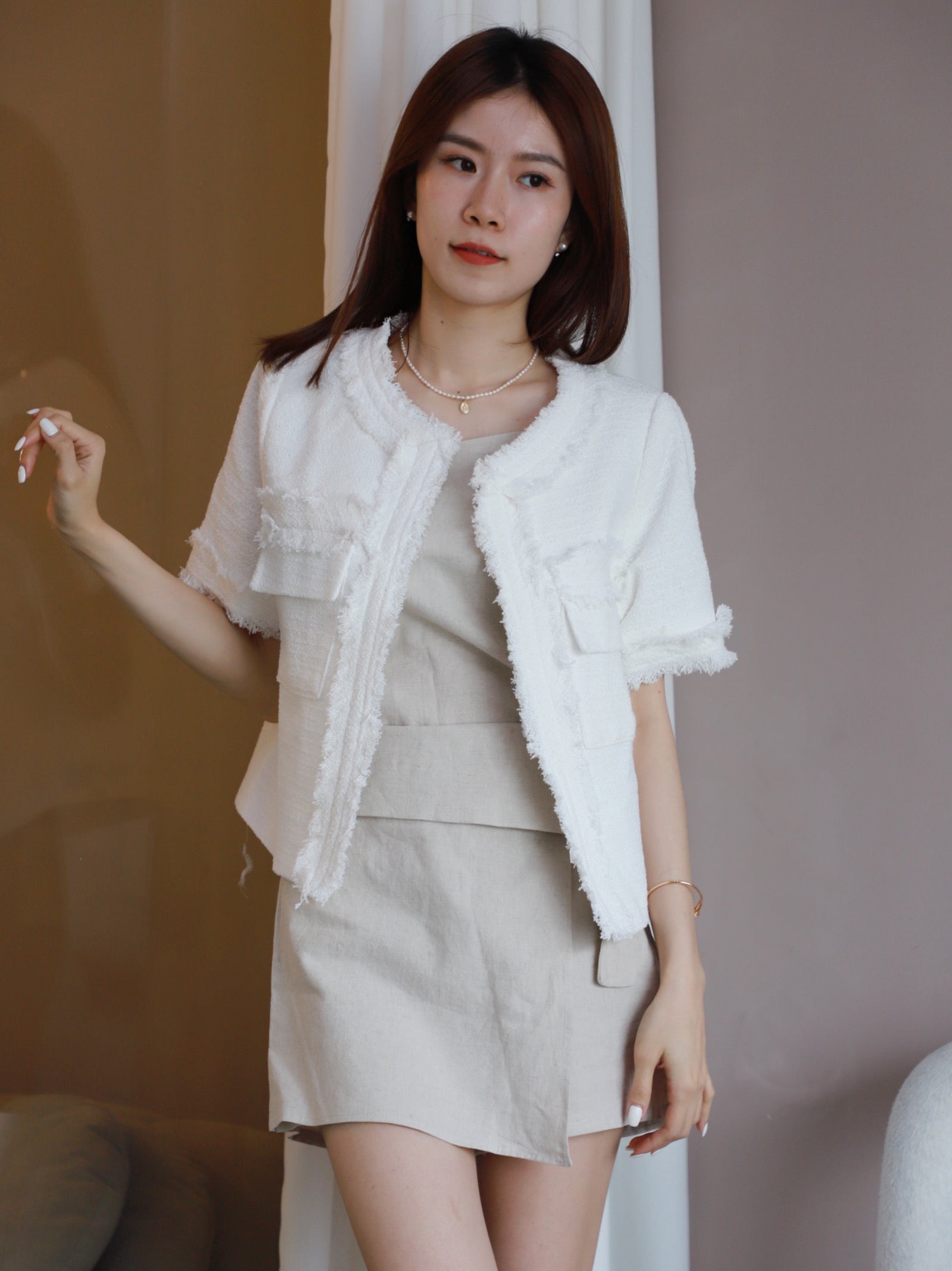 Pure White Tweed Short Sleeves Jacket