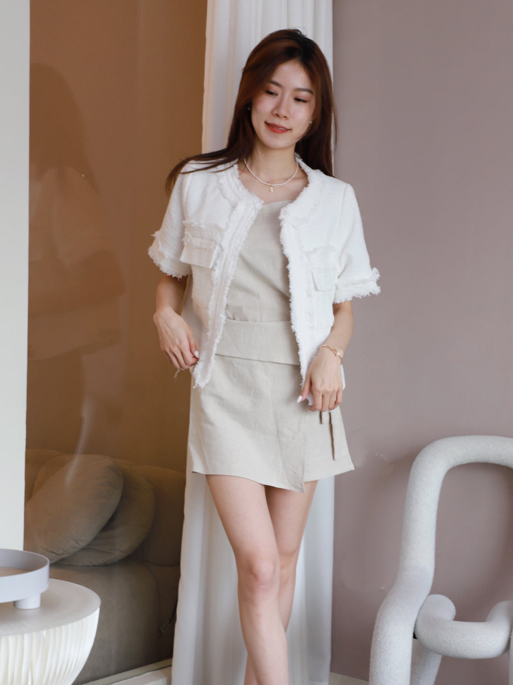 Pure White Tweed Short Sleeves Jacket