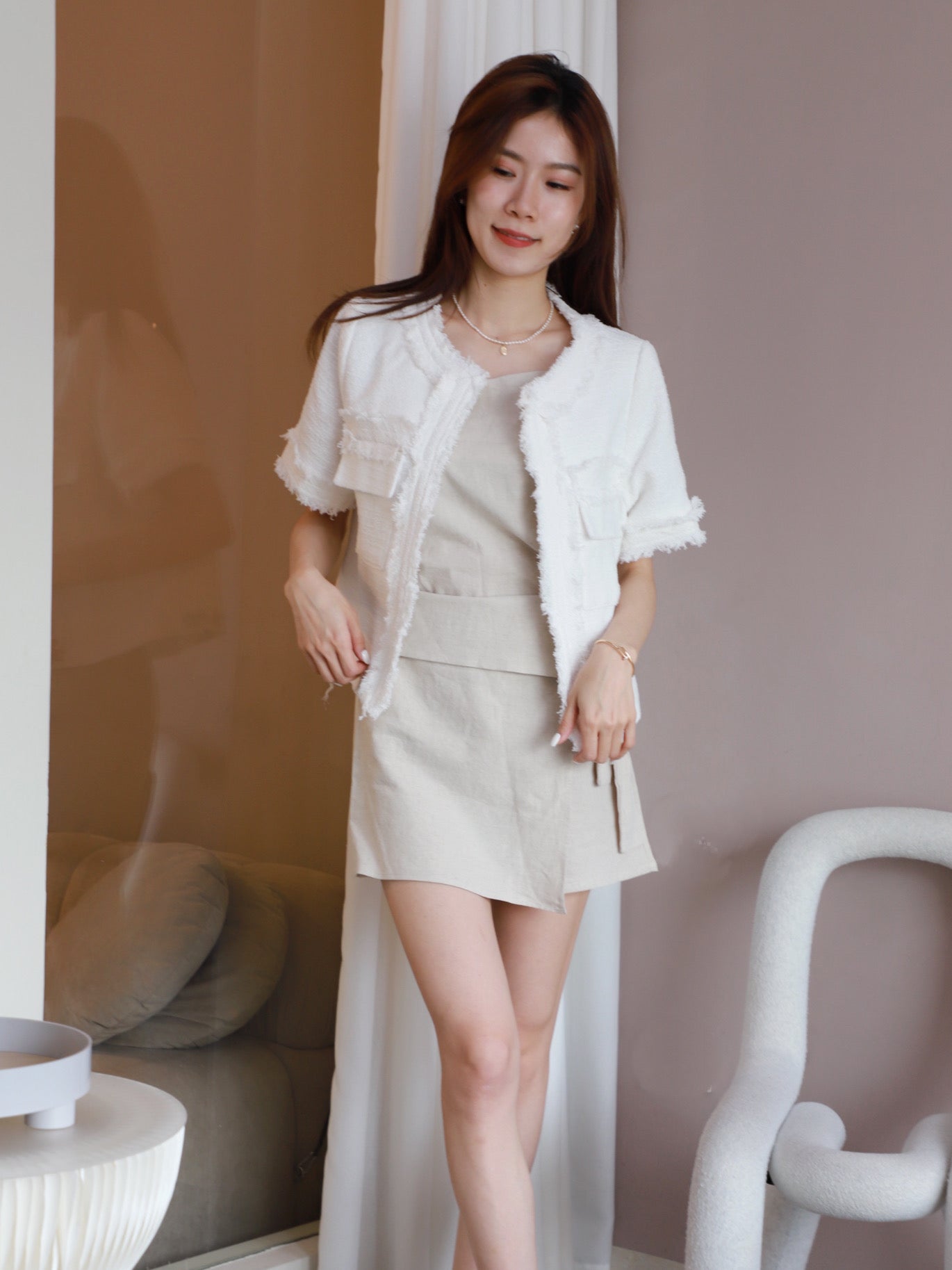 Pure White Tweed Short Sleeves Jacket