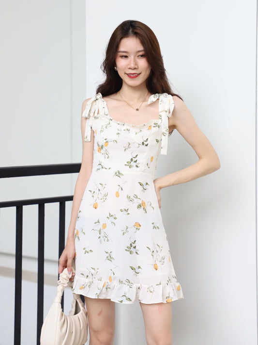 White Lemon Tie Shoulder Floral Mini Dress