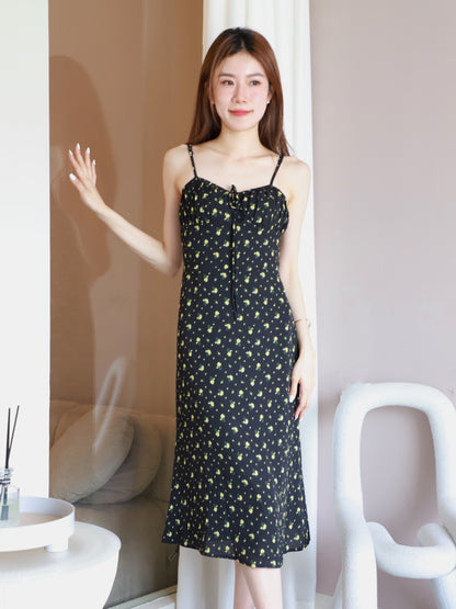Yellow Floral Tie on the chest Midi Dress