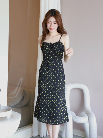 Yellow Floral Tie on the chest Midi Dress