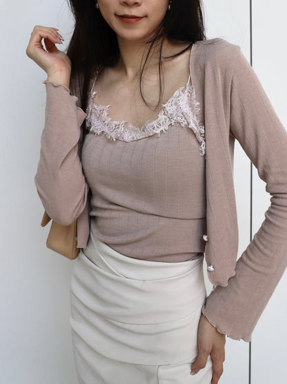 Lace sleeveless top with pearl button jacket