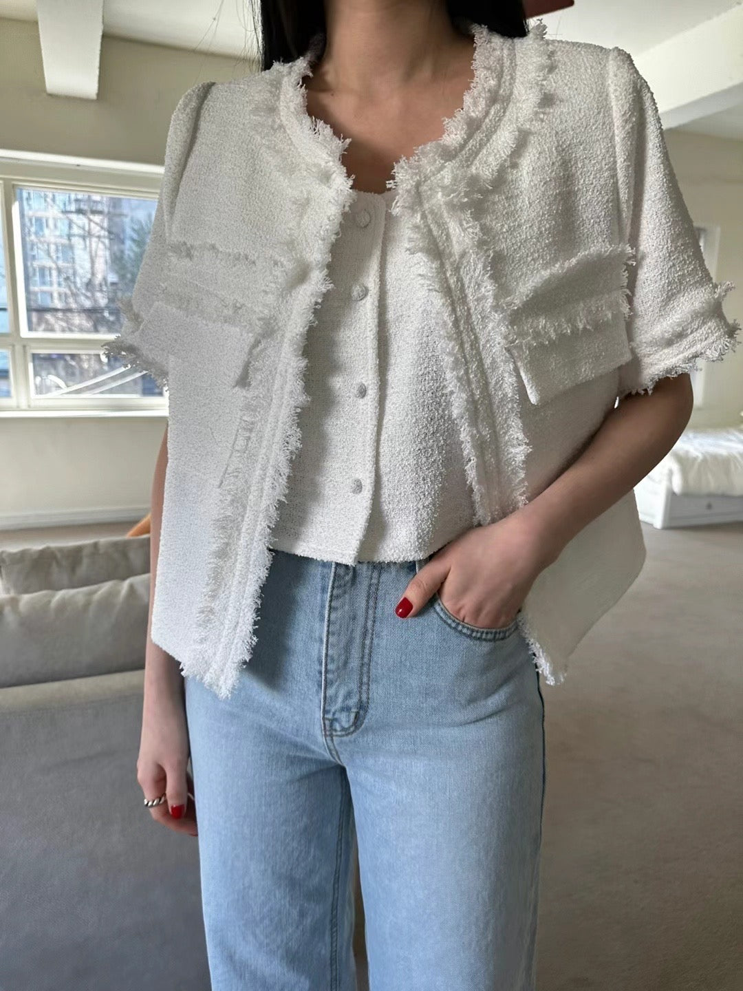 Pure White Tweed Short Sleeves Jacket