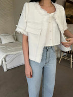 Pure White Tweed Short Sleeves Jacket