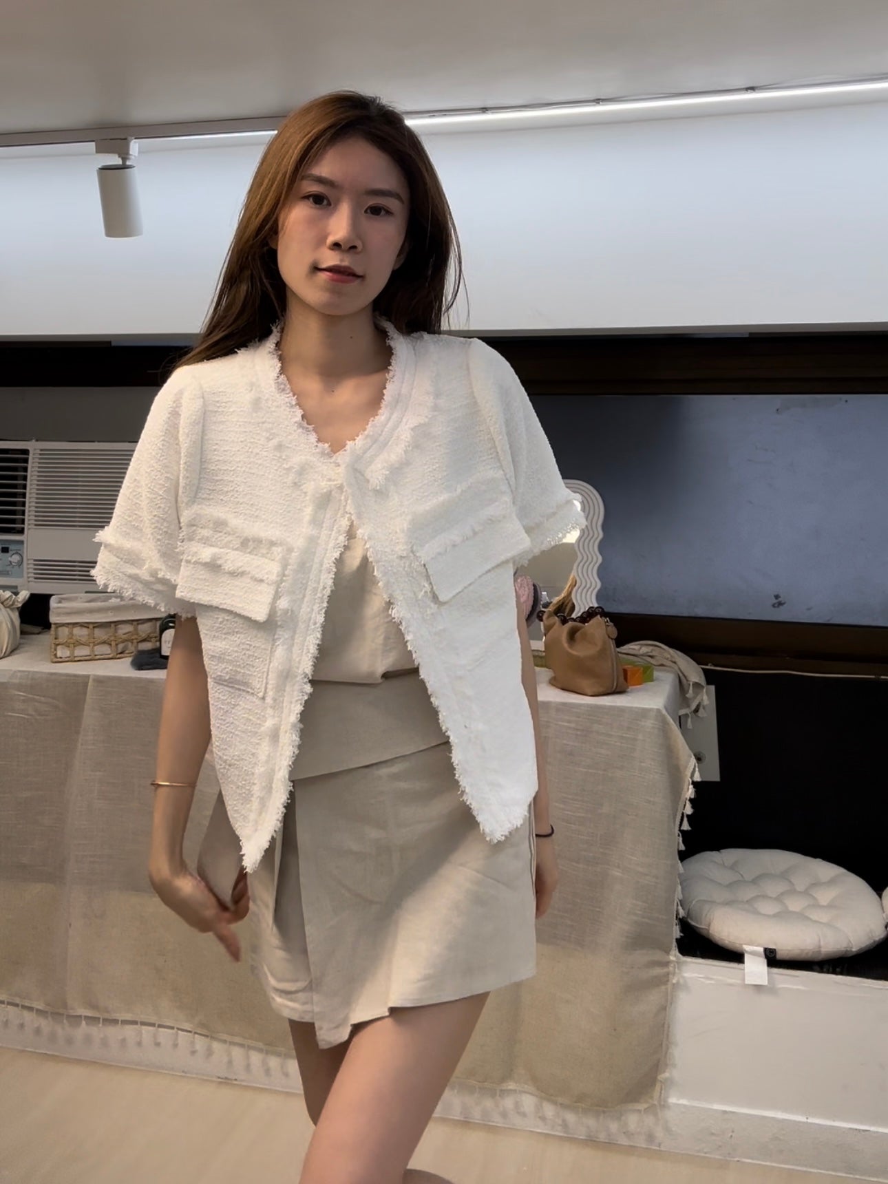 Pure White Tweed Short Sleeves Jacket