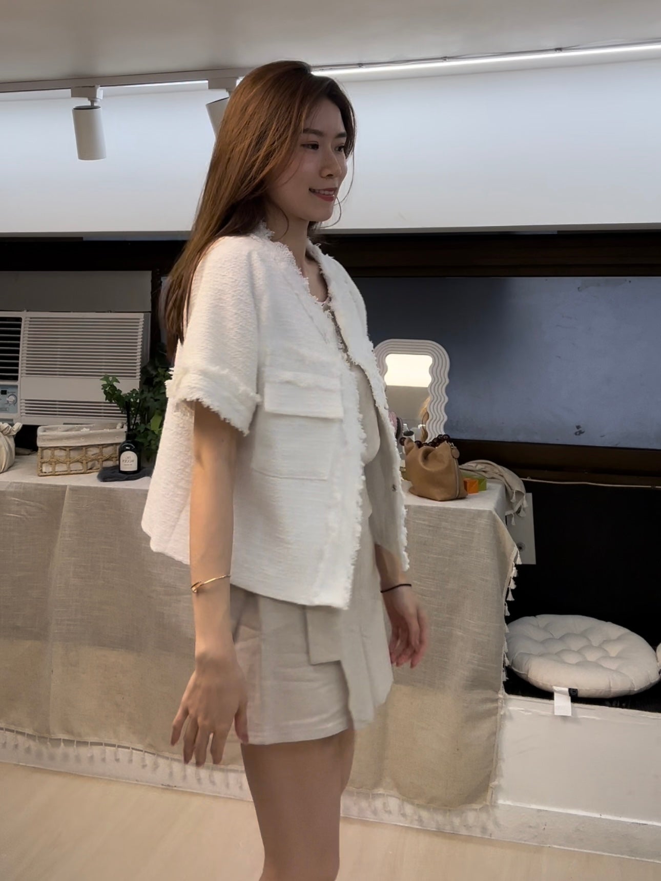 Pure White Tweed Short Sleeves Jacket