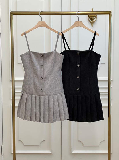 Grey Button & Pleated Mini Dress